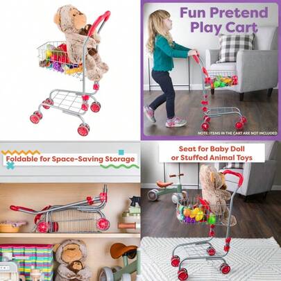 HEY PLAY Shopping Cart - Toddler Grocery Cart With Pivoting Front Wheels And Folds For Easy Storage - For Pretend Play Grocery StoreChildren's Joyful Games, Essential Toys For Children