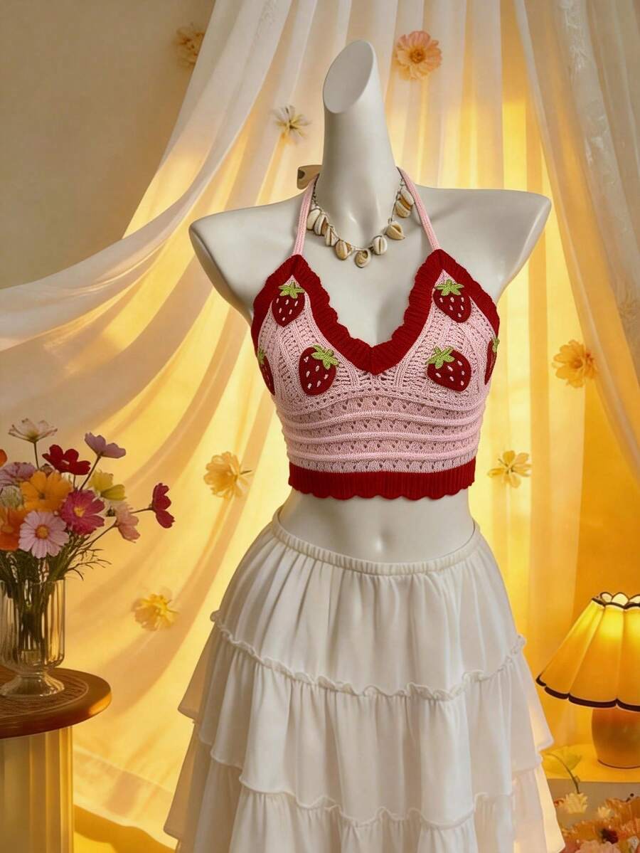 Women's Casual Elegant Sexy Retro Strawberry Knitted Tie Front Spaghetti Strap Camisole Top, Suitable For Beach, Vacation, Casual, Daily Wear, Spring/Summer - Pink - View 1