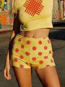 Women's Beach Shorts Dot Print Elastic Waist Mini Shorts Summer Fashion Stretchy Hot Pants - Amarillo - Ver 4