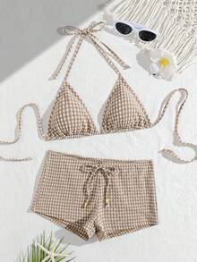 wohenmeili 格子印花挂脖扭结比基尼套装，波西米亚风图案高弹比基尼，女士系带三角泳衣上装和侧系带褶皱丁字裤，沙滩装，特制格子面料女士泳装 - 淺棕白格 - 查看 1