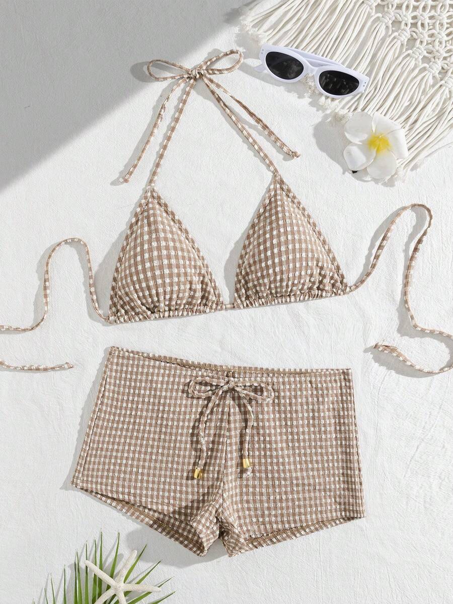 wohenmeili 格子印花挂脖扭结比基尼套装，波西米亚风图案高弹比基尼，女士系带三角泳衣上装和侧系带褶皱丁字裤，沙滩装，特制格子面料女士泳装 - 淺棕白格 - 查看 1