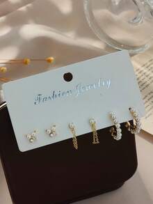 6pcs/Set New Fashionable Minimalist Pearl C-Shaped Luxury Earring Set, Elegant Stylish Personalized Pearl Jewelry Set, Gift - Earring Set - View 2