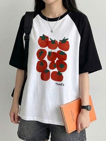 女士休闲撞色圆领卡通字母和番茄/水果印花短袖T恤，春夏款