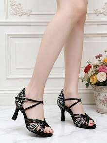 Girls Fashion Zebra Pattern High Heels Latin Dance Shoes Rhinestone Ballroom Dance Shoes Salsa Performance Ballroom Dance Sandals Party Dance Shoes - Black - View 1