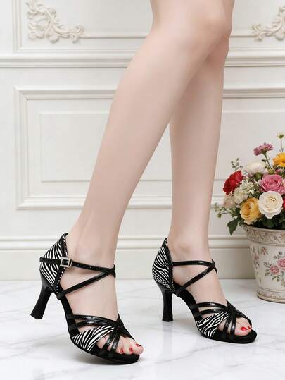Girls Fashion Zebra Pattern High Heels Latin Dance Shoes Rhinestone Ballroom Dance Shoes Salsa Performance Ballroom Dance Sandals Party Dance Shoes