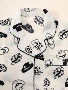 2Pcs Women's Denim Hat Printed V-Neck Button Short-Sleeved Single-Breasted Top And Pants Pajama Set, Summer Pajama Set, Comfortable At Home. - Black and White - View 3
