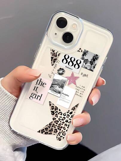 1 pieza Funda de teléfono a prueba de golpes y huellas dactilares con estampado de leopardo, estrella y eslogan gráfico transparente de TPU, compatible con Galaxy/ 17/17 Pro/17 Pro Max, 16/16 Pro/16 Plus, 15/15 Pro Max/15 Pro, 11/12/13/14 Pro Max, 11 Pro/11 Pro Max, 12 Pro/12 Pro Max, 13 Pro/13 Pro Max, 14 Pro/14 Pro Max, diseño creativo y elegante