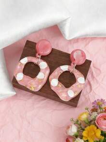1 Pair Cute Pink Polka Dot & Gold Geometric Acrylic Earrings, Perfect Daily Accessory - Pink - View 2