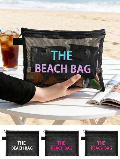 Portable The Beach Bag Printed Makeup Bag, Maestra Mesh Cosmetic Bag, Multifunctional Fashion Toiletry Bag, Beach Cosmetic Bag, Large Capacity Transparent Makeup Bag, Storage Bag, Skincare Bag, Can Hold Lipsticks And Makeup Sponges, Suitable For Vacation, Summer, Travel ,Back To School, For Valentine'S Day, Birthday, Anniversary, Graduation Gift, Practical Gift Bag For Her, Sisters, Or Mother