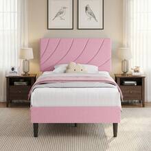 Upholstered Bed Frame With Headboard, Linen Fabric Platform Bed Frame With Adjustable Headboard, Modern Bed Frame With Wooden Slats Support, No Box Spring Needed, Easy Assembly, Pink, Twin/ Full/ Queen * Aesthetic Bedroom Furniture Instagrammable Bedroom Decor - 粉色 - 查看 5