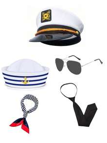 Boné de marinheiro branco vintage, boné militar de aba reta, boné de capitão da Marinha, boné de capitão listrado azul e branco, conjunto de boné de marinheiro e óculos, boné de iate de aba redonda, fantasia para festa, Halloween, Dia dos Namorados, presente, fantasia de verão, fantasia versátil e sexy, acessórios para festa, conjunto de acessórios de fantasia adequado para eventos, festas, praia, férias e uso diário. - Multicolorido - Ver 1