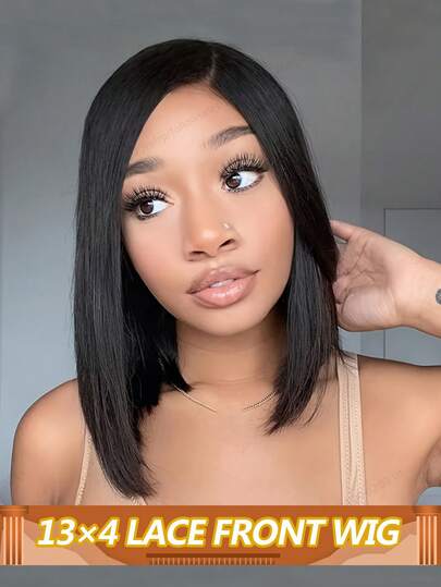 女士短款直发波波头假发，巴西真人发丝，骨直发，13x4直发蕾丝前额波波头假发，预先拔毛，200%密度