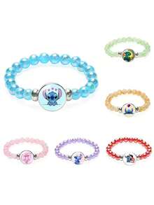 莉萝与史迪奇天使粉色裂纹水晶珠手链 - 可爱卡通人物弹力手链，适合女孩、儿童、青少年，是友谊手链、儿童生日派对礼物、日常上学装扮、节日礼物和派对配饰的理想之选。 - 彩色 - 查看 1