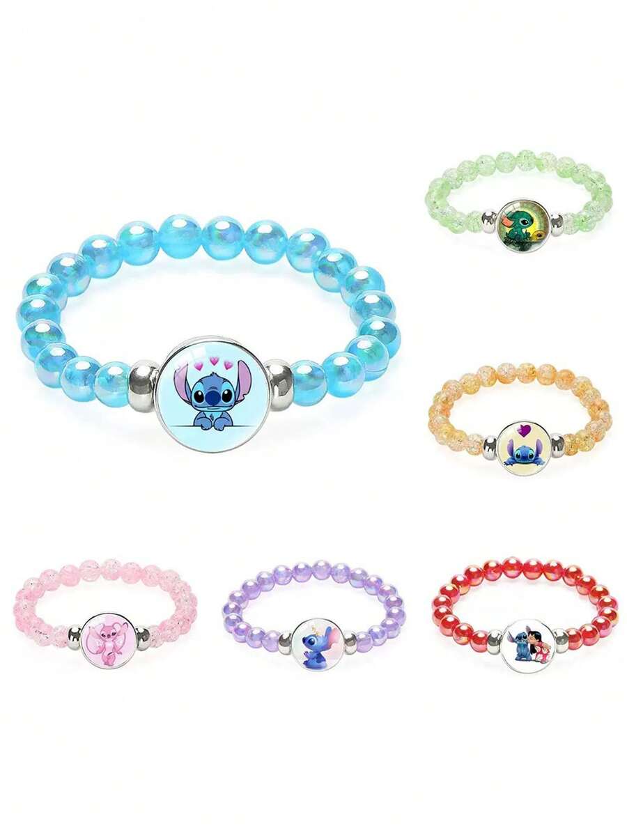 莉萝与史迪奇天使粉色裂纹水晶珠手链 - 可爱卡通人物弹力手链，适合女孩、儿童、青少年，是友谊手链、儿童生日派对礼物、日常上学装扮、节日礼物和派对配饰的理想之选。 - 彩色 - 查看 1