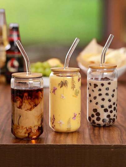 1PC Glass Clear Cocktail Mug, Iced Coffee Mug, Stylish Simple Creative (With Lid, Straw And Brush) - Cold Drinks, Whiskey, Soda, Tea Mugs, Water Mugs, Milk Tea Mugs, Juice Mugs, Office, Home, Back-To-School Products