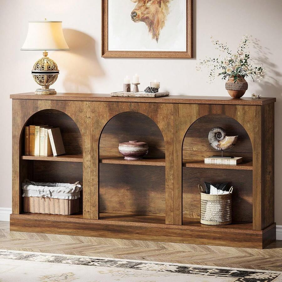 LITTLE TREE Rectangular Farmhouse Console Table, 160 CM Long Wooden Sofa Table Behind The Couch, 3 Tier Storage Entryway Table For Living Room, Hallway, Entrance, Brown - Brown - View 1