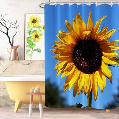 1件简约向日葵浴帘，向日葵印花浴帘，非常适合浴室装饰、通用房间装饰、家居装饰、浴室配件、浴缸帘、浴帘