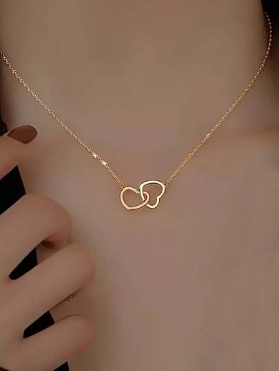 [ Double Heart Pendant Necklace ] 1 High-Quality, Hypoallergenic And Fashionable Double Heart Pendant Stainless Steel Love Necklace, Elegant And Simple Daily Accessory, Stainless Steel Women's Pendant Necklace And Minimalist Alloy Collarbone Chain, Suitable For Daily And Formal Occasions, All Year Round Fashion Accessory, Multifunctional Fashion Item, Elegant Accessory