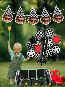 7/14/21pc Custom Photo & Text Race Car Themed Birthday Banner,Checkered Party Hat Design Banner,Personalized Baby Face Photo Banner, Party Backdrop,Black & White Checkered Race Car Theme Birthday Banner - Multicolor - View 4