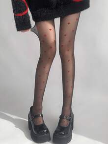 3 Pairs Women's Red & Black Heart Pattern Ultra-Thin Skin-Friendly High Elasticity Fashionable Sweet Pantyhose, Suitable For Valentine's Day, Casual, Party - Black - View 1