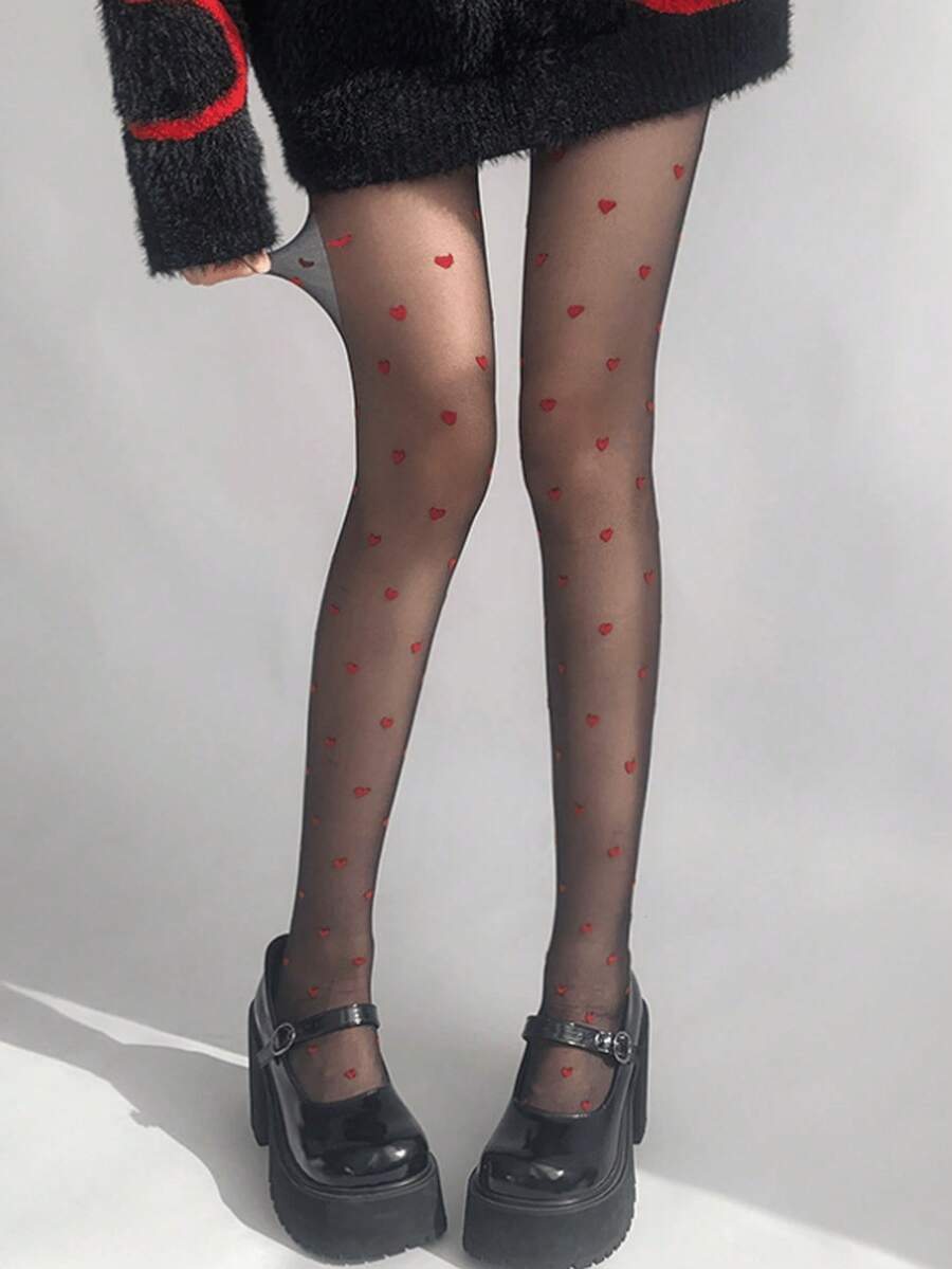 3 Pairs Women's Red & Black Heart Pattern Ultra-Thin Skin-Friendly High Elasticity Fashionable Sweet Pantyhose, Suitable For Valentine's Day, Casual, Party - Black - View 1