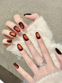 10pcs Press On Nails Short Oval Deep Red Glitter With Shatter Finish, Artificial False Nails For Party Wedding Photography Nail Art Handmade Press On Nails - Burgundy - View 3