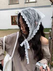 1pc White Floral Lace Crochet Headband For Women, Vintage Style Triangle Hair Scarf Bandana Head Wrap For Travel & Photos,Hair Accessories,Turban Headband, Hairband Fall Winter Hair Band For Vacation Outfits Woman - Multicolor - View 8