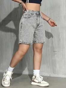 Quần short denim dáng casual đa năng cho nữ tuổi teen, có túi và cúc. - Xám - Xem 3