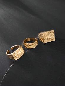 3件套复古摇滚嘻哈风方形纹理金属宽戒圈套装，朋克设计，适合街头风、度假、派对、婚礼、日常佩戴，男女皆宜的礼物 - 戒指 - 查看 8