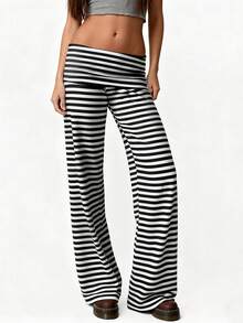 Women Low Waist Loose Fit Striped Folds Over Wide Leg Pants Lounge Home Sweatpants - 灰色 - 查看 3