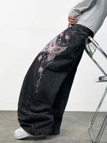 1pc American Street Fashion Butterfly Embroidered Loose Wide-Leg Jeans, Comfortable Casual Jeans For Men, All Season - Black - View 9