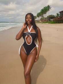 2026 New One-Piece Swimsuit Solid Color Summer Beach Vacation Beachwear,Elegant,Valentine's Day,Beach,Vacation,Carnival,Casual,Chic,Summer Outfits,Summer Holiday Outfits,Spring,Valentine Outfits For Women,Carnival. - 黑色 - 查看 3