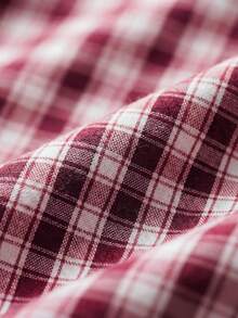 Men's Retro College Style Plaid Shirt, Regular Fit, Light Red & White Fine Check Pattern, Fashionable College Style Short Sleeve Top, Essential Urban Street Wear Item - Multicolor - View 5
