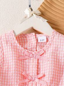 2pcs/Set Young Girl' Sweet Plaid Bow Ruffle Sleeveless Top And Shorts Set, Summer - Pink - View 3
