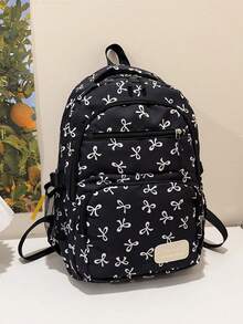 3pcs Nylon Bow Print Backpack Set,Foldable Multi-Po Cket Large CapacityWater-Resistant Zipper Backpack Suitable F Or Teenagers,High School, College Students,Ladies,Daily Use, Commuting,Traveling,Gifts For Valentine's Day - Black - View 5