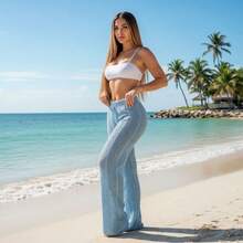Women's Beach Cover-Up Pants With Cutouts, Summer Fashion, Ideal For Layering Over A Bikini, Swimsuit, Beach, Pool, Risorte - 淺藍色 - 查看 4