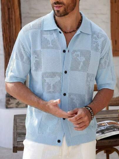 LOOKUN 男士宽松镂空网眼 Polo 领短袖针织衫，透气休闲百搭上衣，春夏款