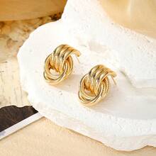 2 piezas Pendientes de aro de bola con rayas multicapa de metal minimalista y retro de lujo, conjunto de pendientes personalizados y elegantes, adecuados para el uso diario y versátil - Amarillo Oro - Ver 3