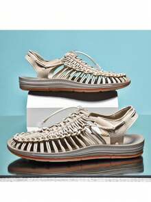 Handmade Woven Sandals, Unisex Summer Beach Shoes, Men & Women Outdoor Roman Amphibious Breathable Slip-On Slippers, Casual Driving, Hollow, Water-Wading, Hiking, Non-Slip, Travel, Stream Crossing Shoes - Beige - View 2