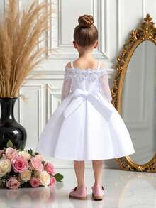 优雅缎面蕾丝腰部蝴蝶结装饰连衣裙，适合年轻女孩，可用于生日派对，不含头饰 - 白色 - 查看 5