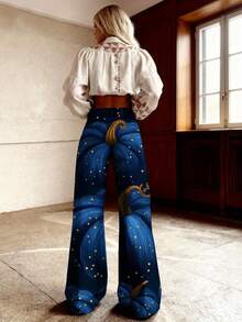 Women'S Slim-Fit Wide-Leg Jeans With 3D Blue Pumpkin Print & Golden Dots/Swirls - No-Iron Zipper Closure, Flared Leg Opening, Beltless Design, Long Length For Fall/Winter Casual & Formal Outfits - Imitation Denim (No Belt/Hardware) - Plus Size Avail - Nhiều màu - Xem 3