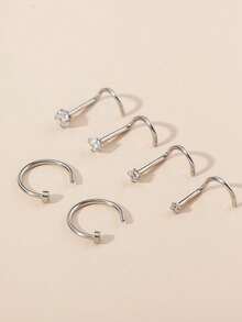 6 piezas Anillos de nariz de acero inoxidable con circonita y pendientes de nariz negros - Plateado - Ver 1