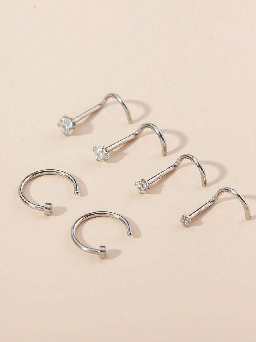 6 piezas Anillos de nariz de acero inoxidable con circonita y pendientes de nariz negros - Plateado - Ver 1