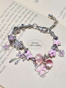 1pc Pink Charm Bracelet, Ribbon Bow Bear Bracelet, Fashionable Street Bracelet, Classic Pink Sakura Flower Bracelet, Heart Party Music Festival Bracelet - 粉色 - 查看 10