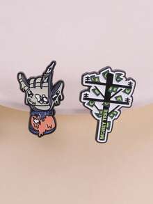 1/2pcs Punk Rock Skeleton Hand Gesture Brooch, Zinc Alloy Enamel Material, Street Graffiti Money Tree Badge, Unisex Design, Casual Street Hip-Hop Accessory Gift - Multicolor - View 2