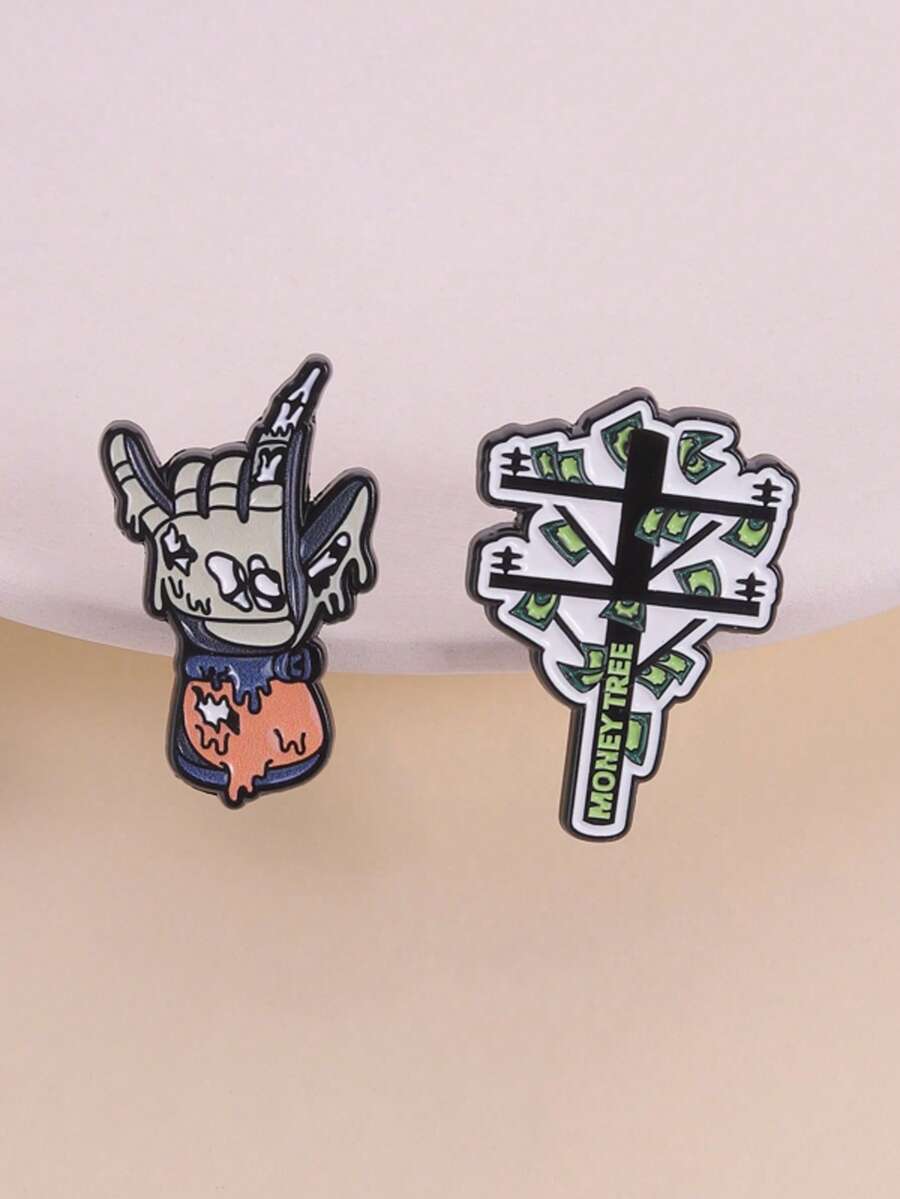 1/2pcs Punk Rock Skeleton Hand Gesture Brooch, Zinc Alloy Enamel Material, Street Graffiti Money Tree Badge, Unisex Design, Casual Street Hip-Hop Accessory Gift
