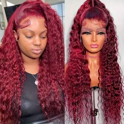 13x4 酒红色深卷蕾丝前额假发，深波浪卷发假发，预先拔毛，13x4 高清透明 99J 红色混色湿发波浪卷蕾丝前额假发，女士款