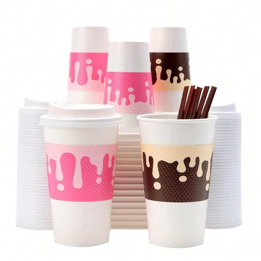 Tamone 48 PACK 16OZ Disposable Coffee Cups With Lids, Sleeves And Stirrers, Pink And Brown 16OZ Paper Cups To Go Coffee Cups With Lids Leak Proof, White Paper Cups For Cold/Hot Beverage Chocolate - 粉紅色和棕色 - 查看 1