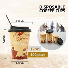 100 PACK 12OZ Disposable Cups With Lids And Stirrers, To Go Coffee Cups With Lids Leak Proof, Coffee Design Brown Paper Cups For Cold/Hot Beverage Chocolate Cocoass - 棕色 - 查看 3