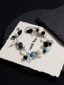 1pc Punk Style Dice, Star, Black Ball Charm Bracelet, Multi-Element Bow, Heart, Moon, Water Drop, Flower Handmade Beaded Bracelet For Women - Silver - View 4